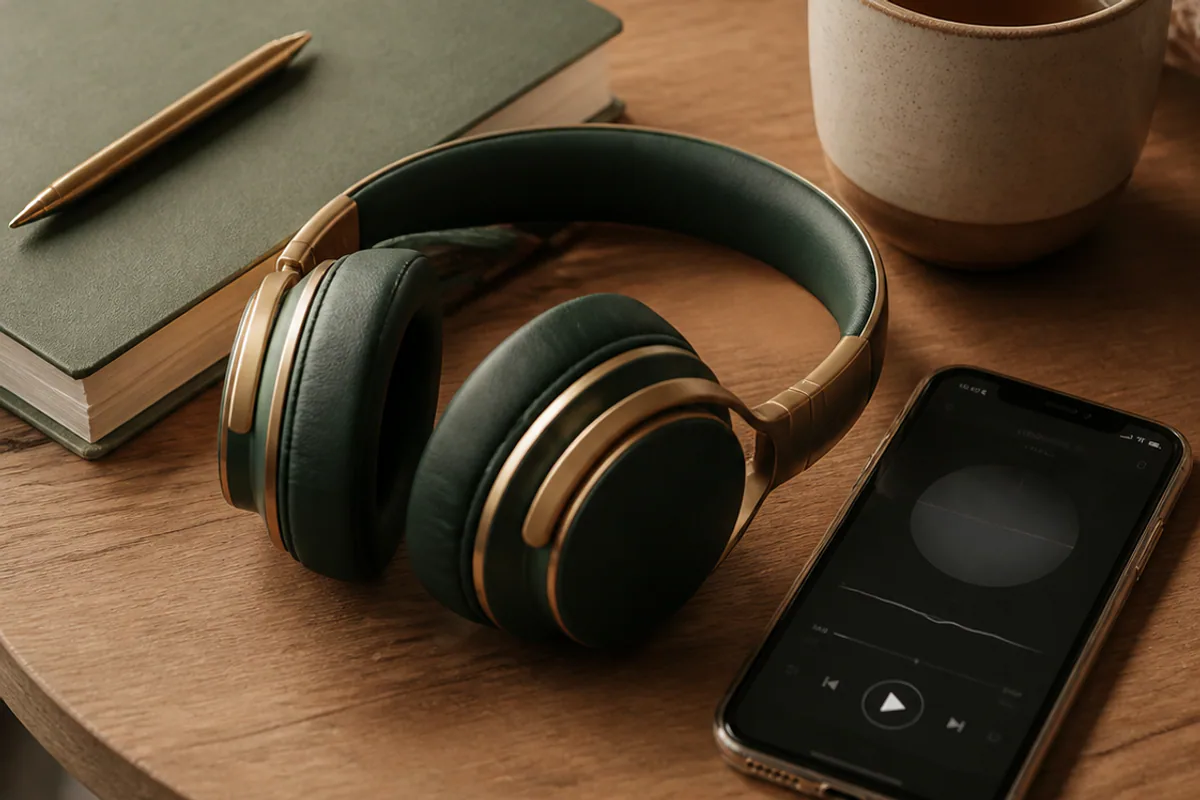 Kopfhörer, Smartphone, Notizbuch und Tasse als symbolisches Stimmungsbild für Hypnose-Audios zu Hause