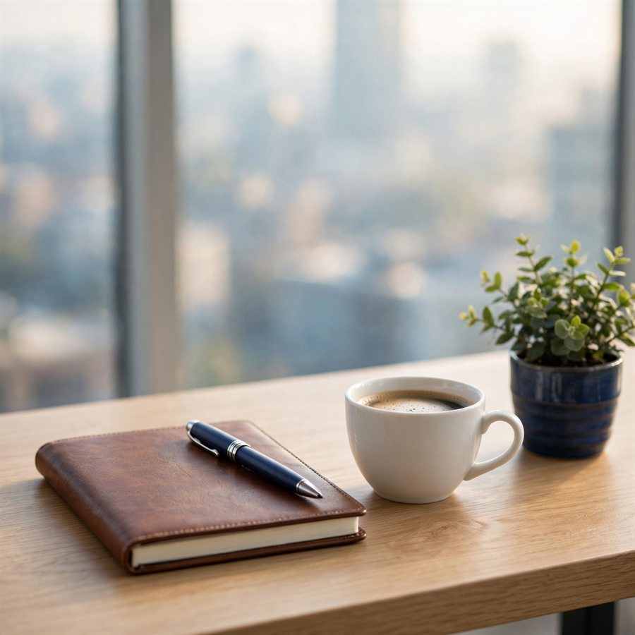 Aufgeräumter Schreibtisch mit Notizbuch, Stift, Kaffeetasse und Pflanze vor einem Fenster
