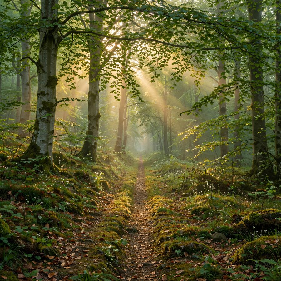 Sonniger Pfad, der geradeaus durch einen grünen Wald führt