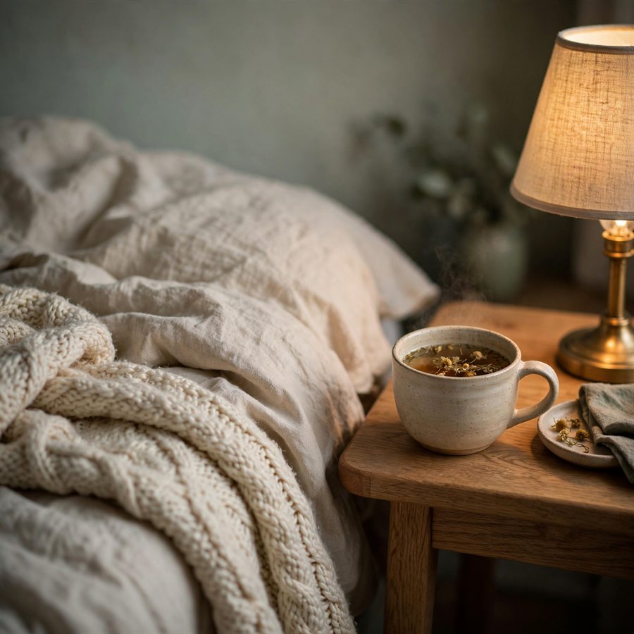Bett mit Leinenwäsche und Wolldecke, daneben eine Tasse Tee im warmen Lampenlicht