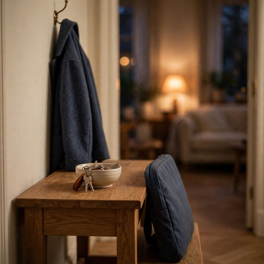 Schlüssel in einer Schale im Flur, daneben Tasche und Mantel, dahinter ein warm beleuchtetes Wohnzimmer