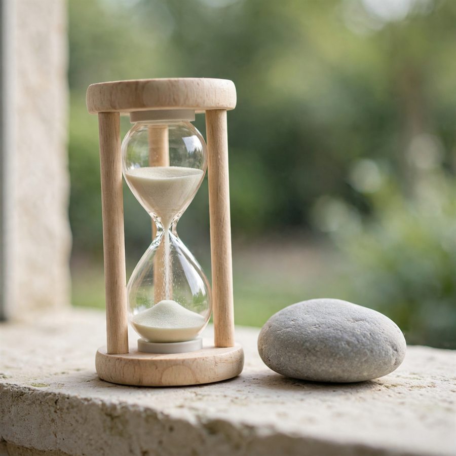 Kleine Sanduhr aus Holz neben einem Stein auf einer Fensterbank