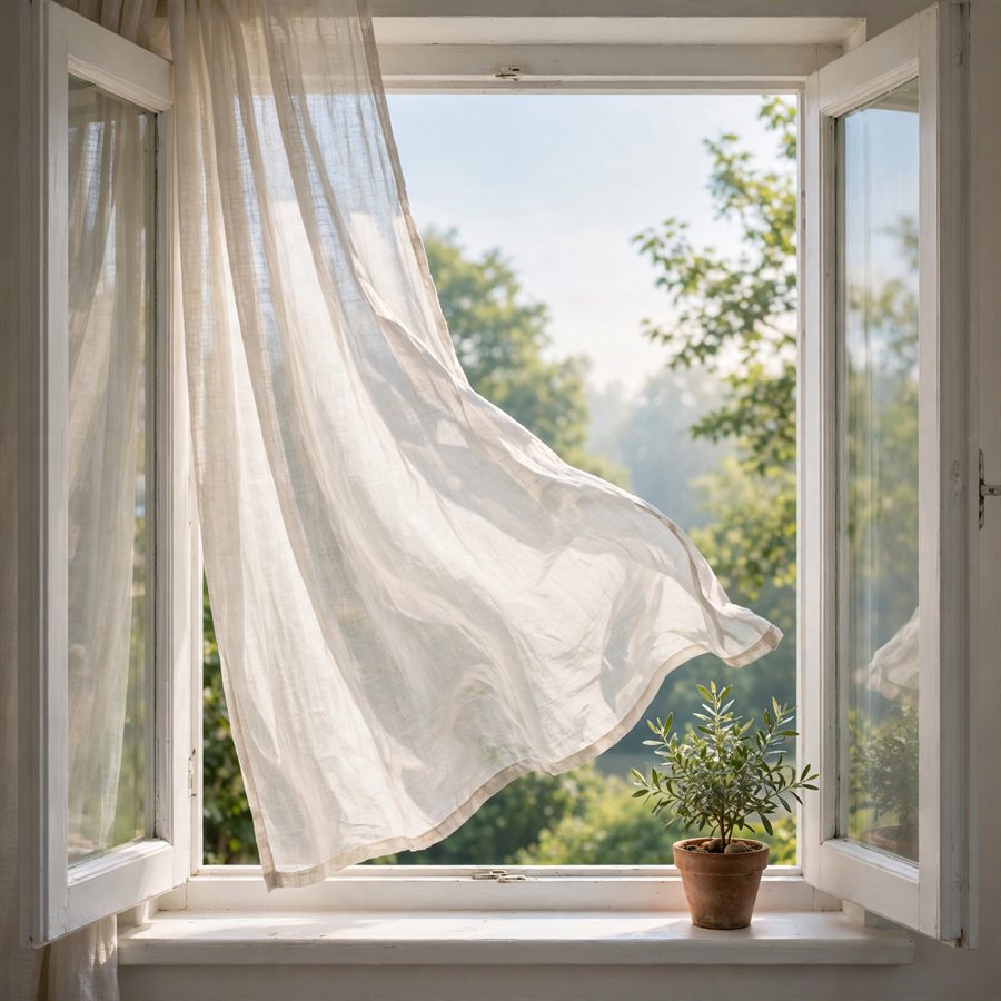 Offenes Fenster mit wehendem Leinenvorhang und Blick ins Grüne
