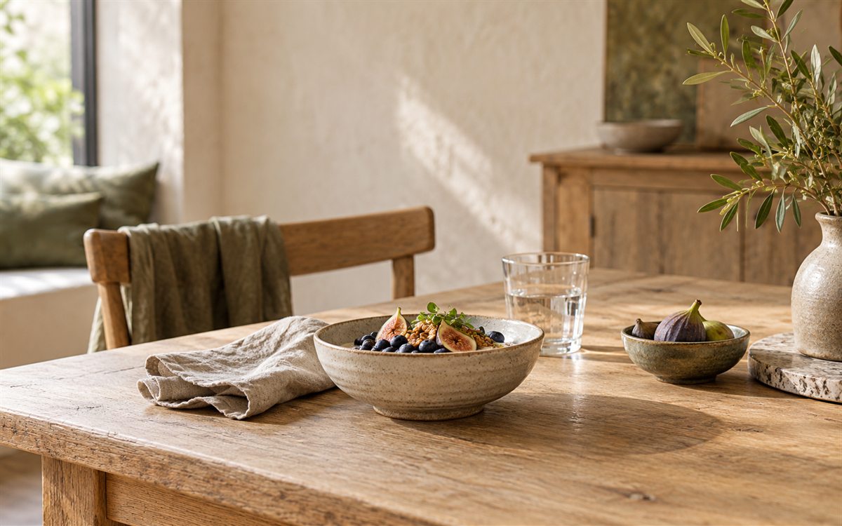 Gedeckter Holztisch mit einer Schale Obst, Leinenserviette und einem Glas Wasser
