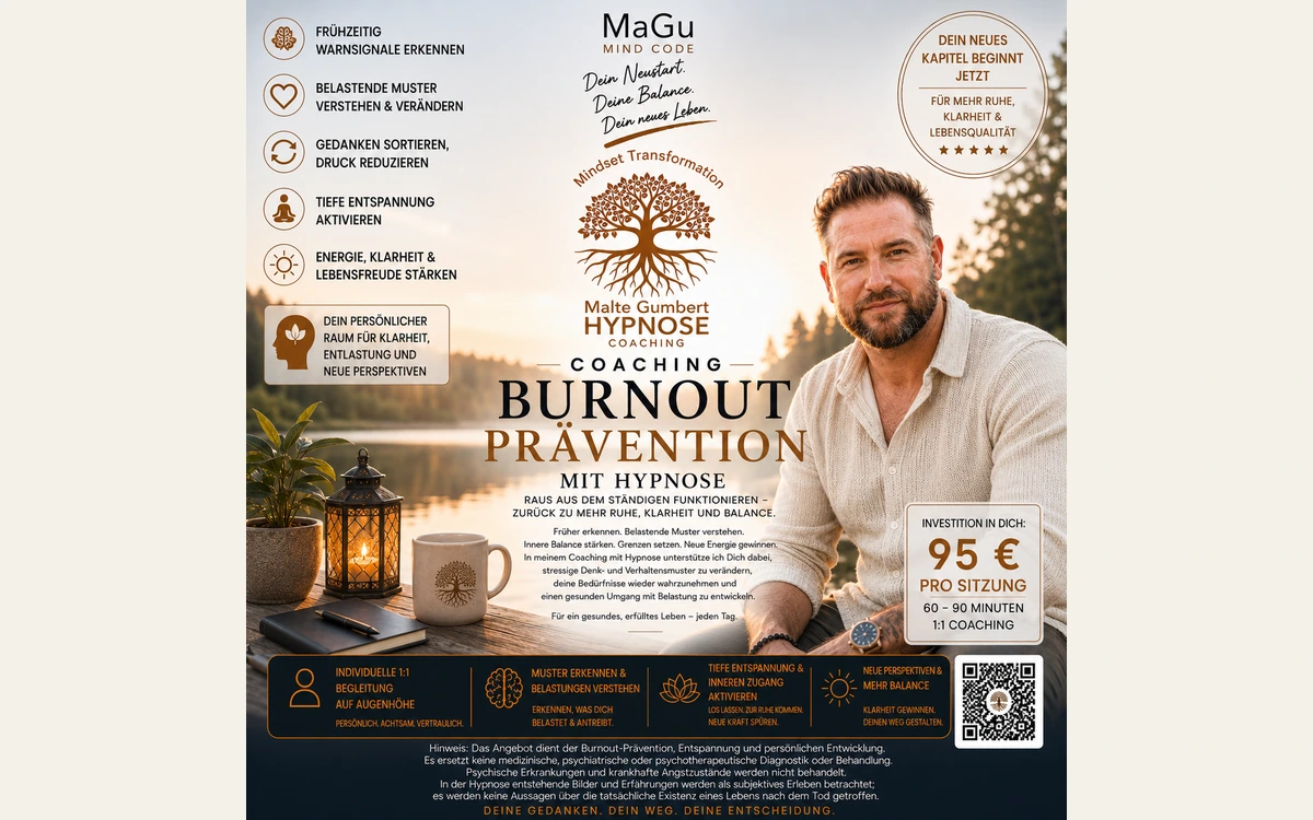 Gestaltete Payhip-Angebotsgrafik zur Burnout-Prävention mit Malte Gumbert