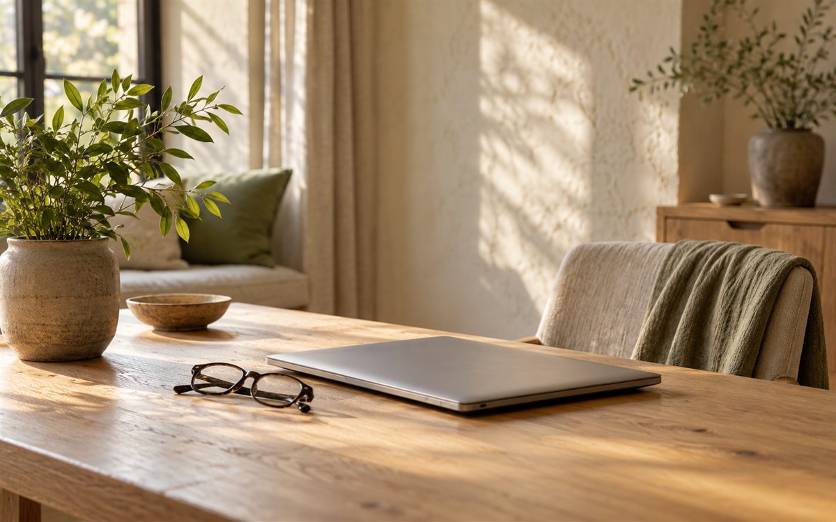 Zugeklappter Laptop und abgelegte Brille auf einem Holztisch neben einer Pflanze