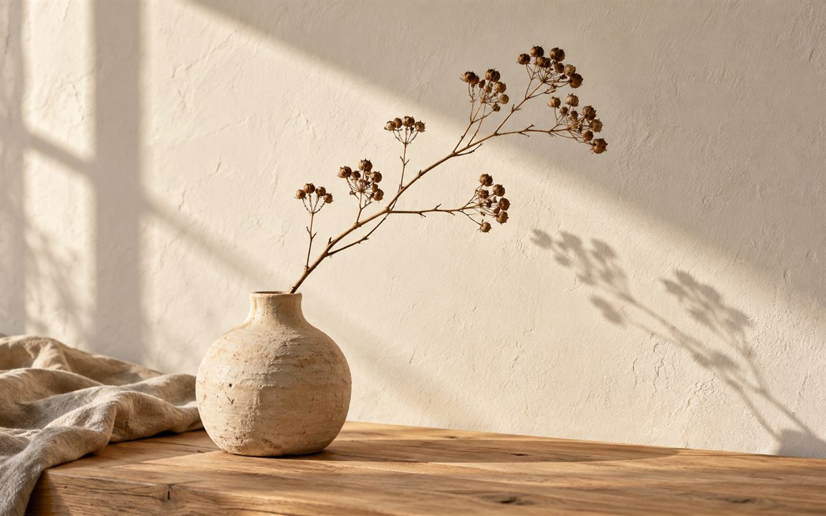 Trockener Zweig in einer Tonvase vor einer hellen Wand mit weichem Schatten