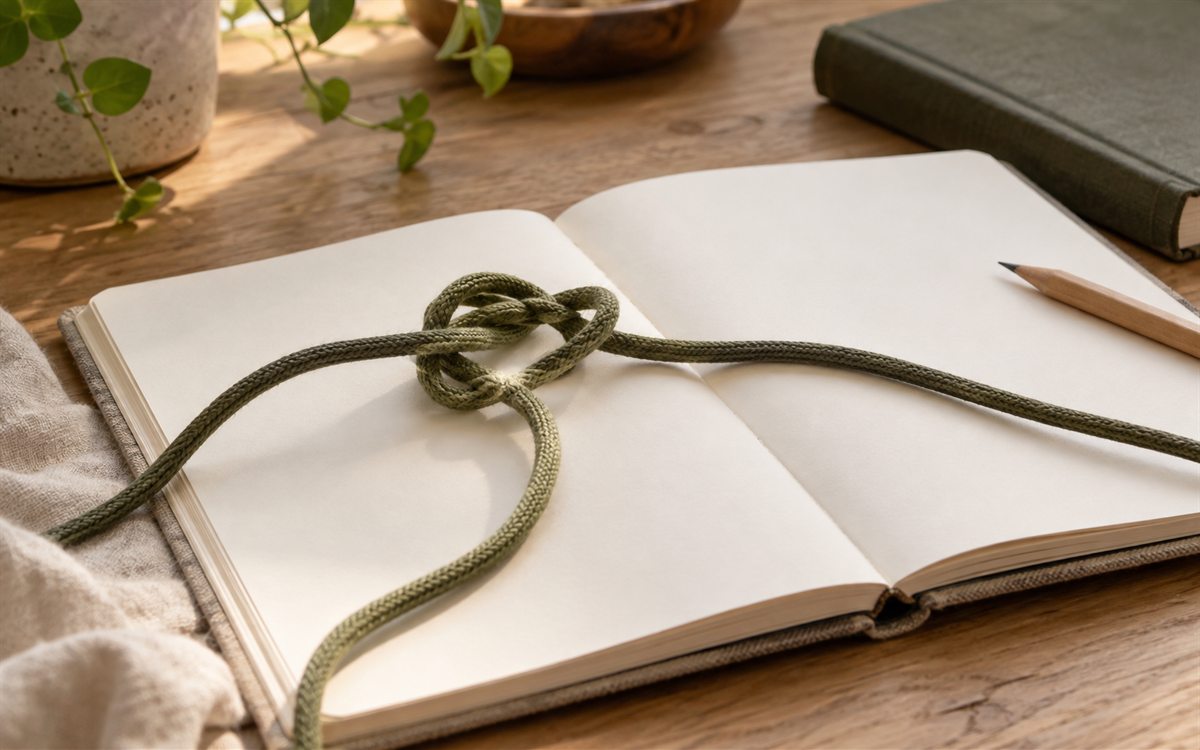 Aufgeschlagenes leeres Notizbuch, auf dem eine Kordel mit Knoten liegt