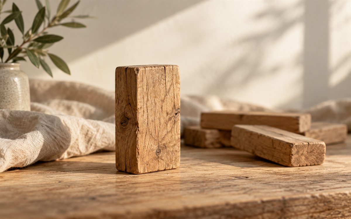 Aufrecht stehender Holzblock im Sonnenlicht, daneben liegende Holzstücke