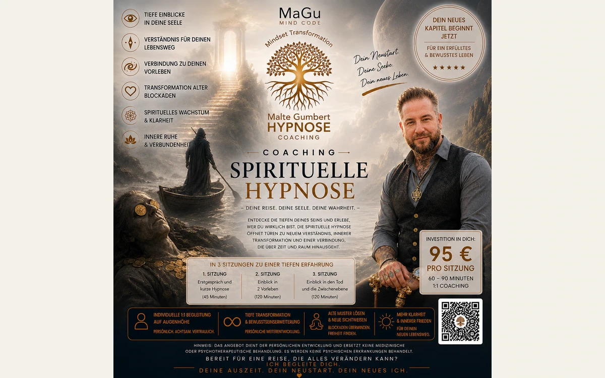 Gestaltete Payhip-Angebotsgrafik zur spirituellen Hypnose mit Malte Gumbert