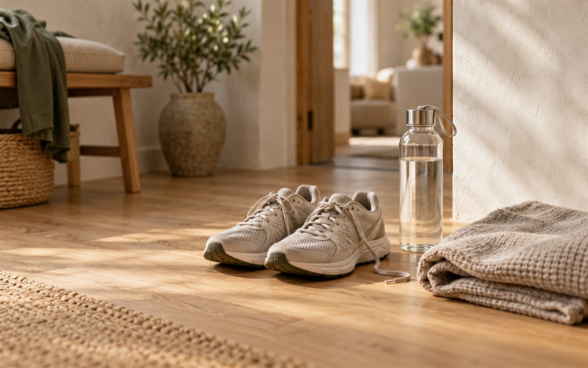 Laufschuhe, gefaltetes Handtuch und eine Wasserflasche auf einem Holzboden