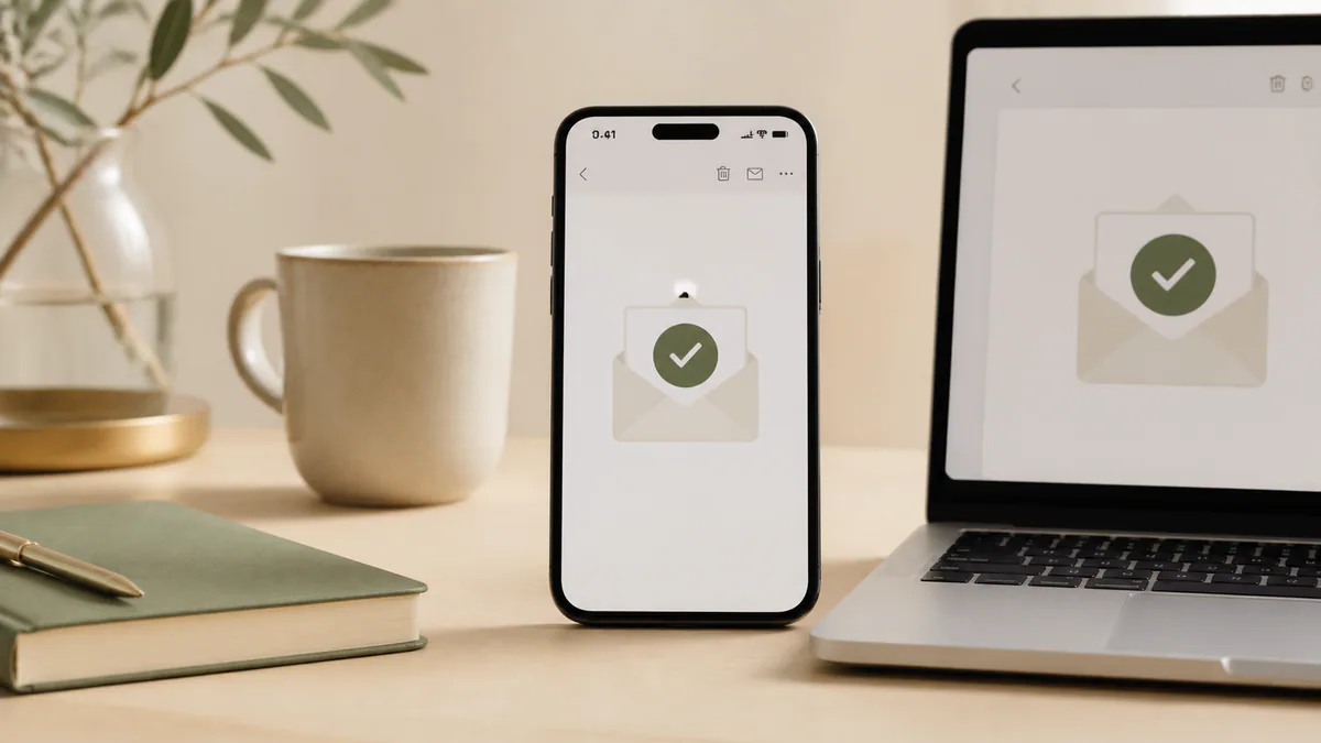 Smartphone und Laptop mit grünem Bestätigungshaken als Stimmungsbild für die Kaufbestätigung
